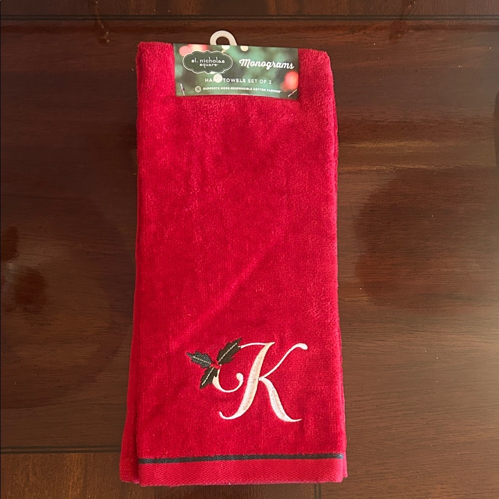 Red Monogrammed Hand Towel Set, Letter ‘K’ with Holly Accent, New with Tags